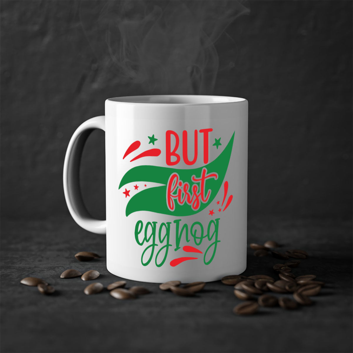 But First Eggnog style mug with a glossy finish, featuring a colored handle and interior, available in multiple colors.