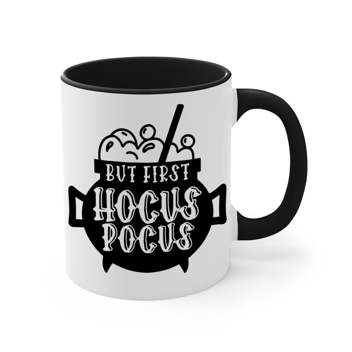 A two-tone ceramic mug with a glossy finish featuring the phrase 'But First Hocus Pocus' in a stylish font, available in multiple colors.