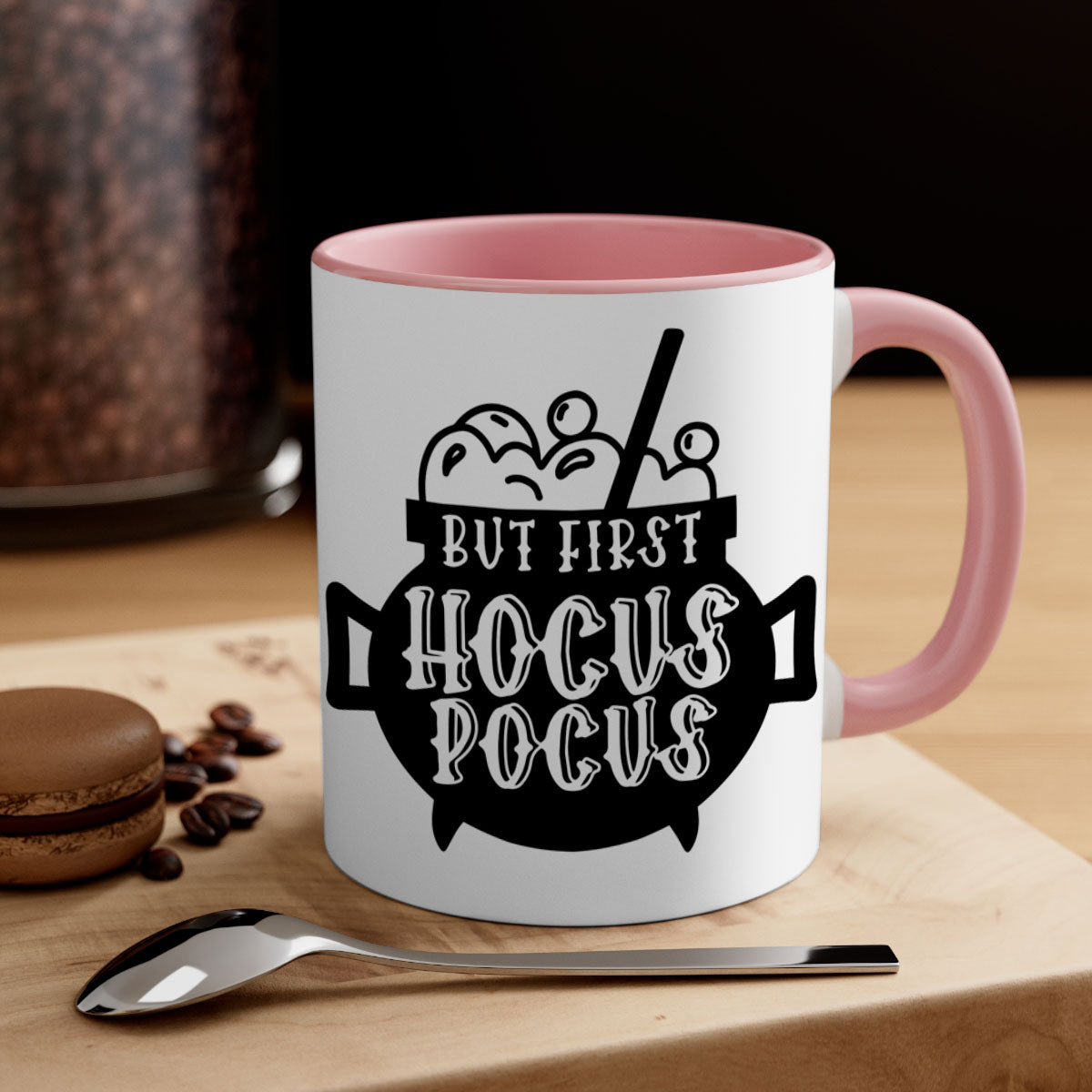 A two-tone ceramic mug with a glossy finish featuring the phrase 'But First Hocus Pocus' in a stylish font, available in multiple colors.