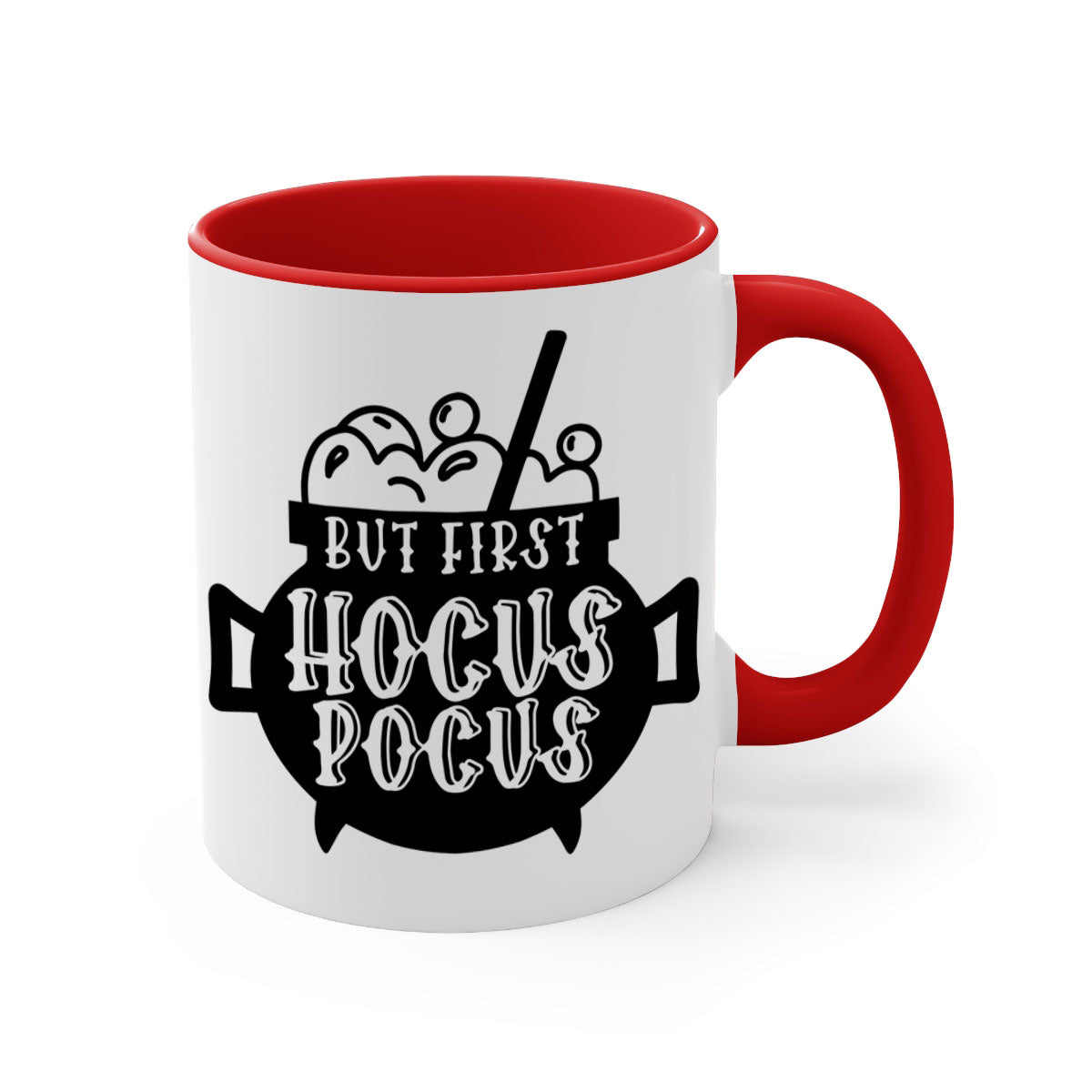 A two-tone ceramic mug with a glossy finish featuring the phrase 'But First Hocus Pocus' in a stylish font, available in multiple colors.