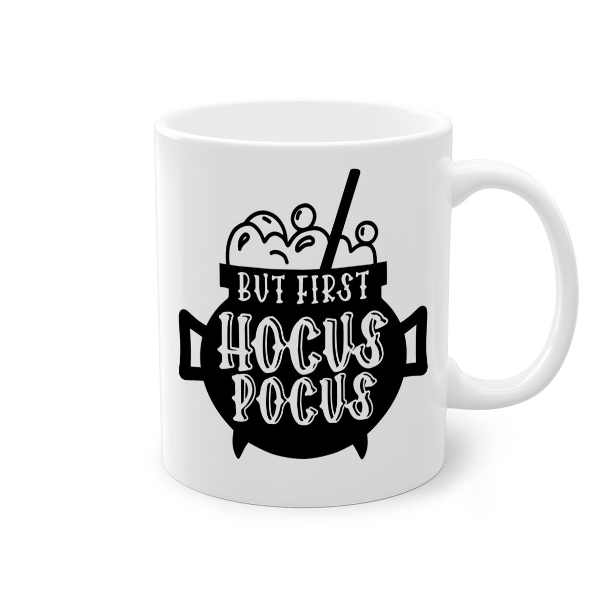 A two-tone ceramic mug with a glossy finish featuring the phrase 'But First Hocus Pocus' in a stylish font, available in multiple colors.