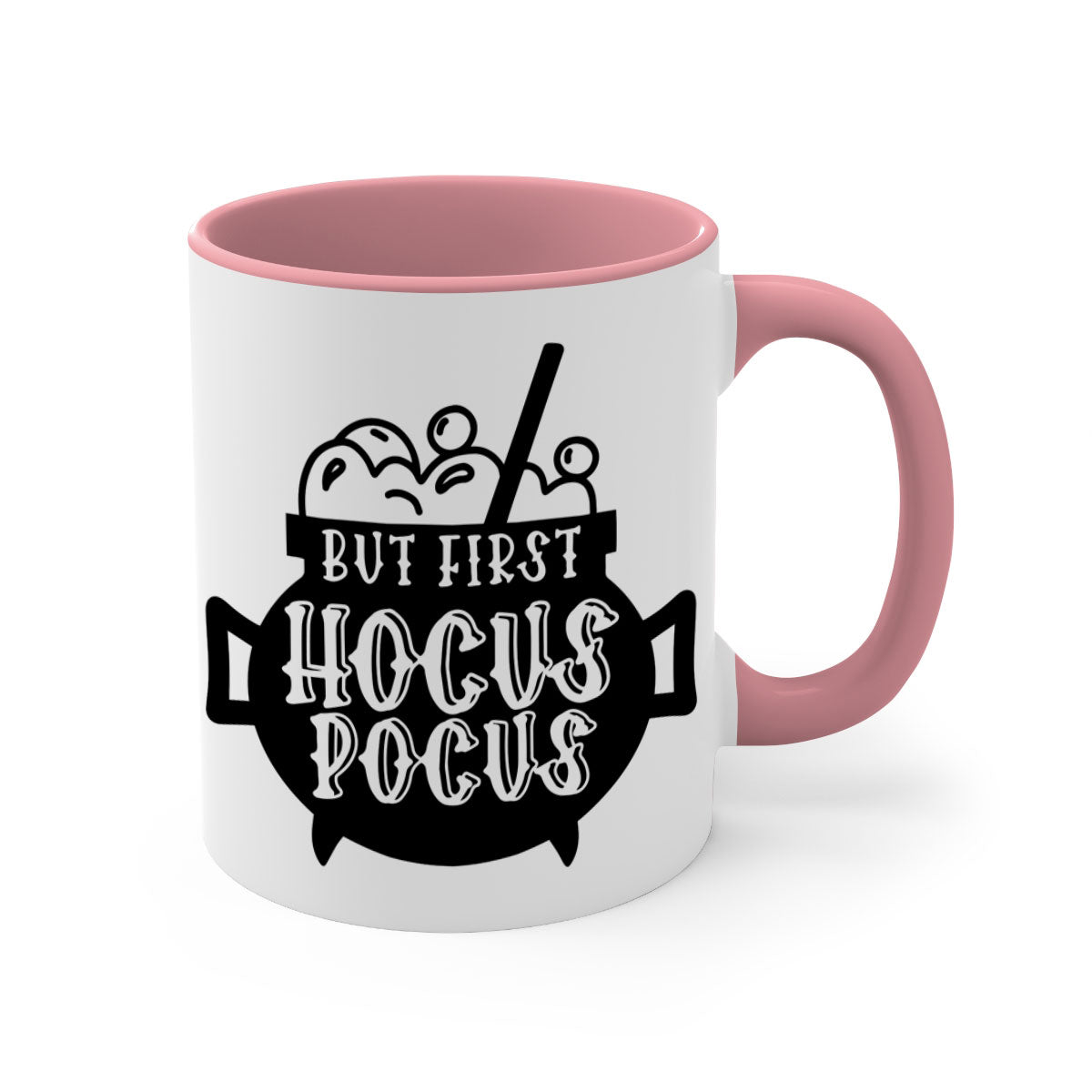 A two-tone ceramic mug with a glossy finish featuring the phrase 'But First Hocus Pocus' in a stylish font, available in multiple colors.