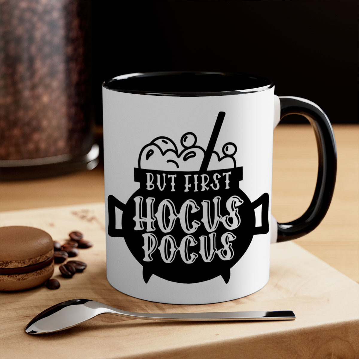 A two-tone ceramic mug with a glossy finish featuring the phrase 'But First Hocus Pocus' in a stylish font, available in multiple colors.