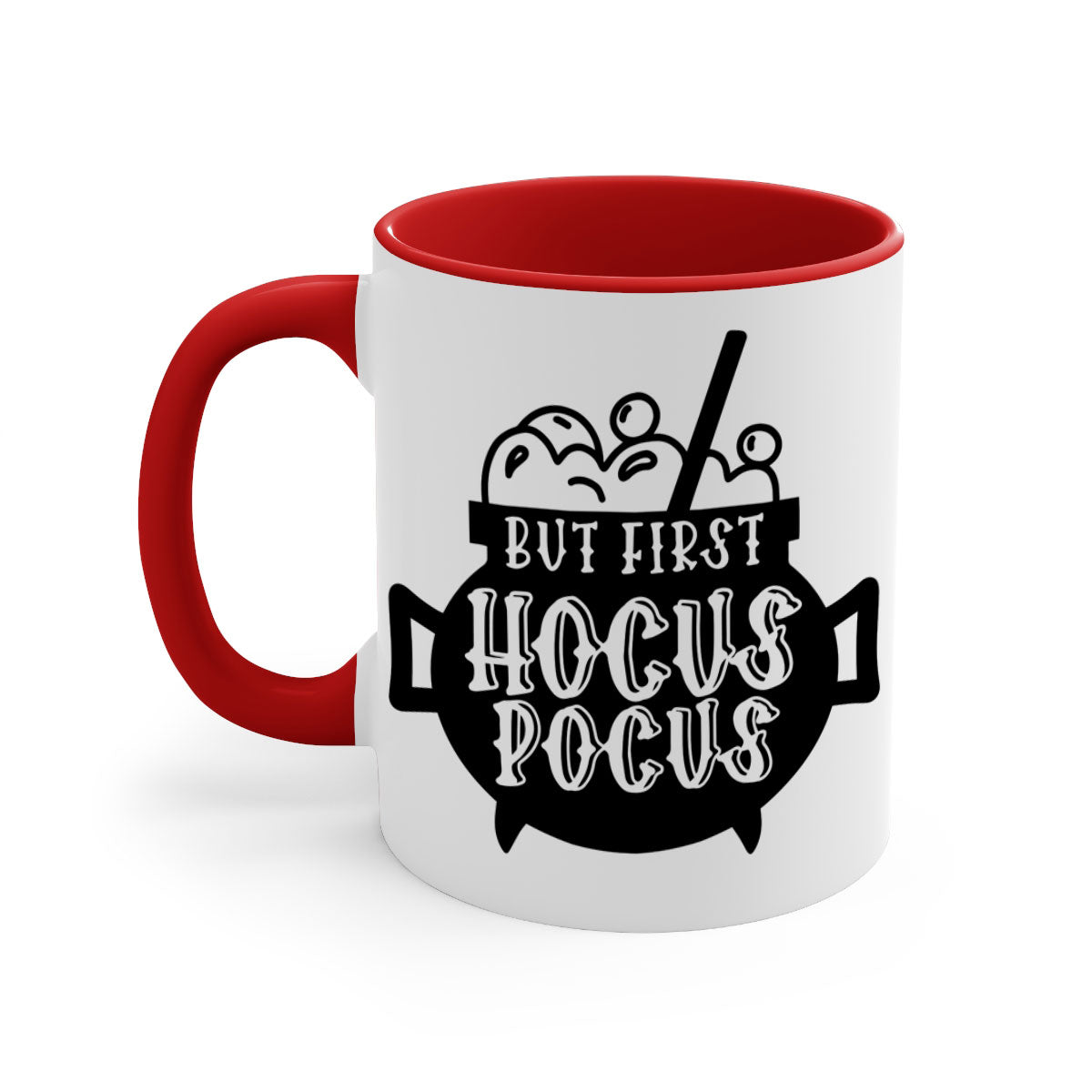 A two-tone ceramic mug with a glossy finish featuring the phrase 'But First Hocus Pocus' in a stylish font, available in multiple colors.