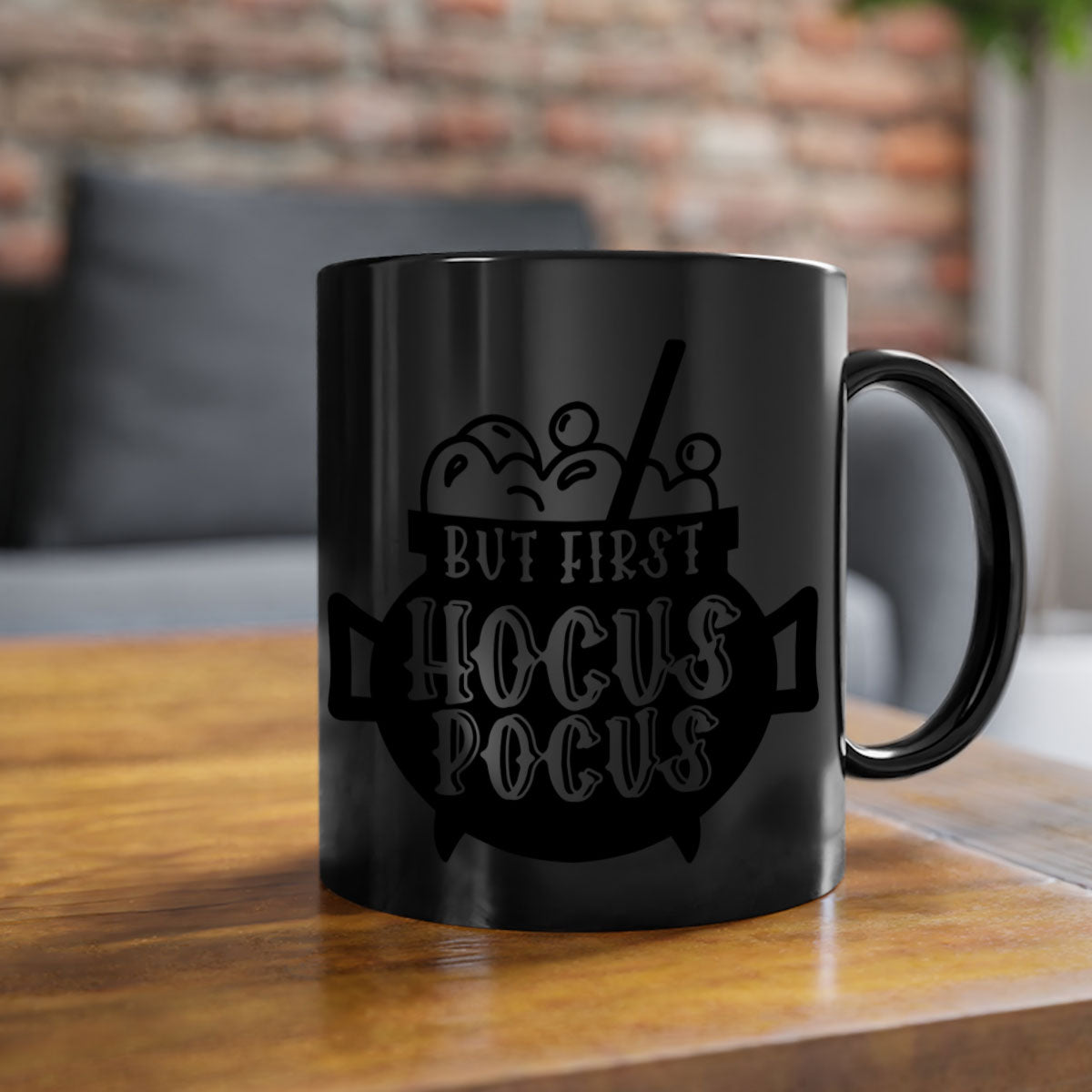 A two-tone ceramic mug with a glossy finish featuring the phrase 'But First Hocus Pocus' in a stylish font, available in multiple colors.