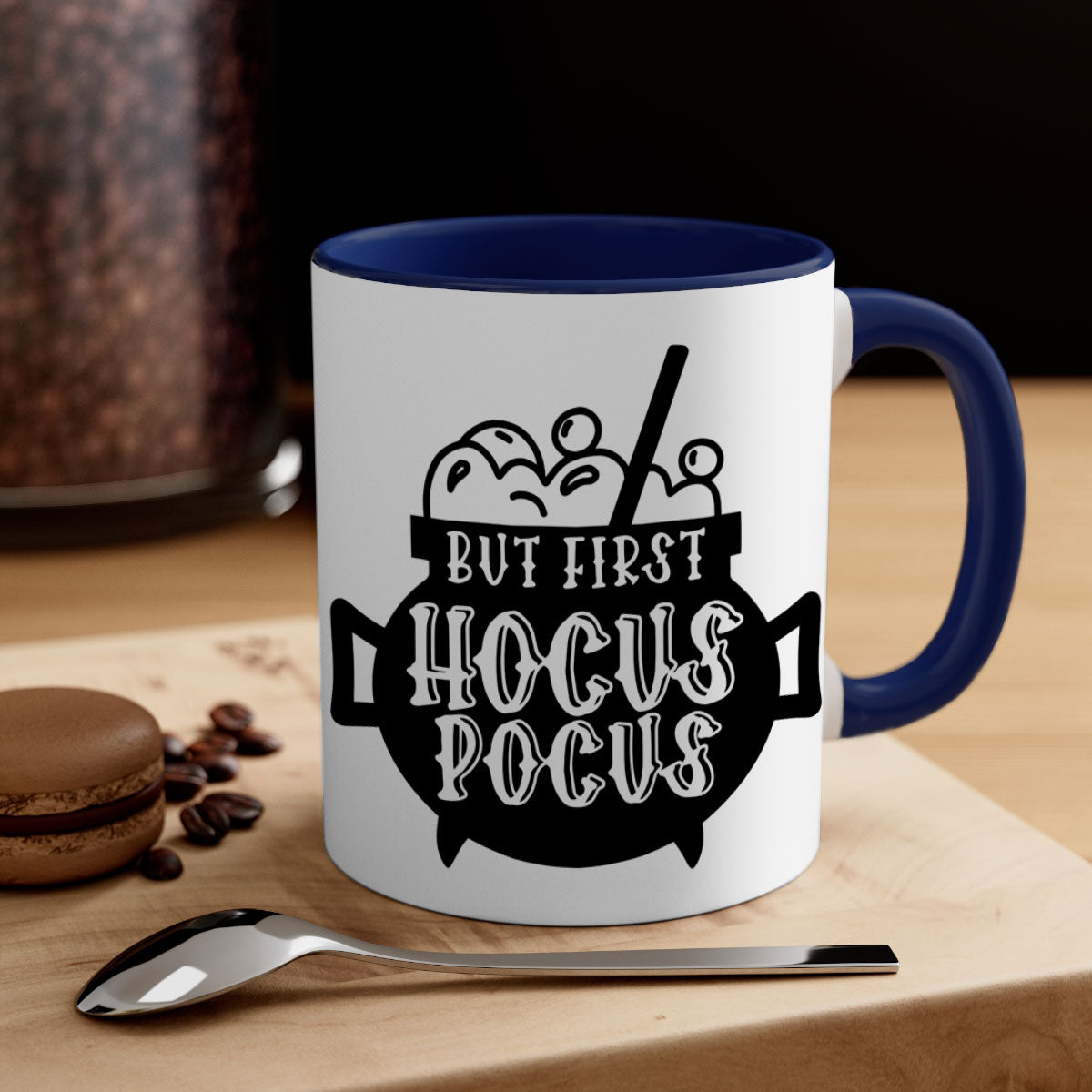 A two-tone ceramic mug with a glossy finish featuring the phrase 'But First Hocus Pocus' in a stylish font, available in multiple colors.