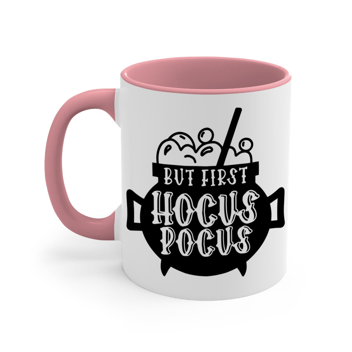 A two-tone ceramic mug with a glossy finish featuring the phrase 'But First Hocus Pocus' in a stylish font, available in multiple colors.