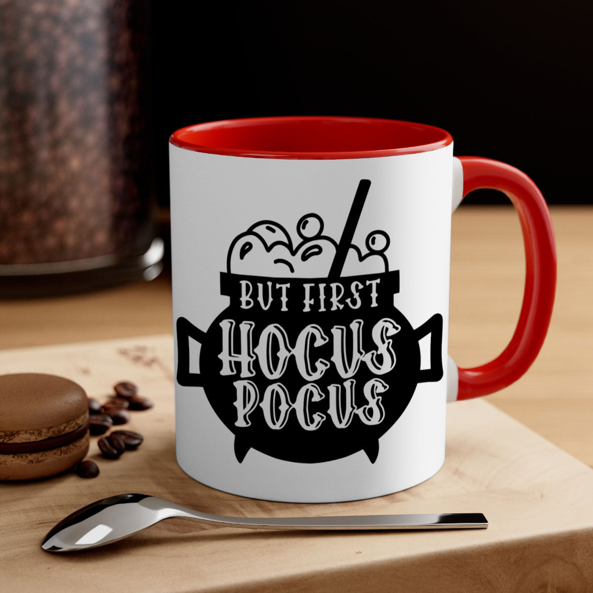 A two-tone ceramic mug with a glossy finish featuring the phrase 'But First Hocus Pocus' in a stylish font, available in multiple colors.