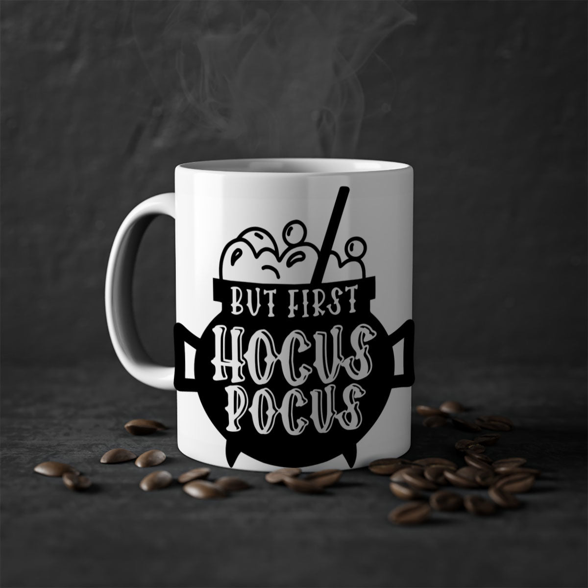 A two-tone ceramic mug with a glossy finish featuring the phrase 'But First Hocus Pocus' in a stylish font, available in multiple colors.