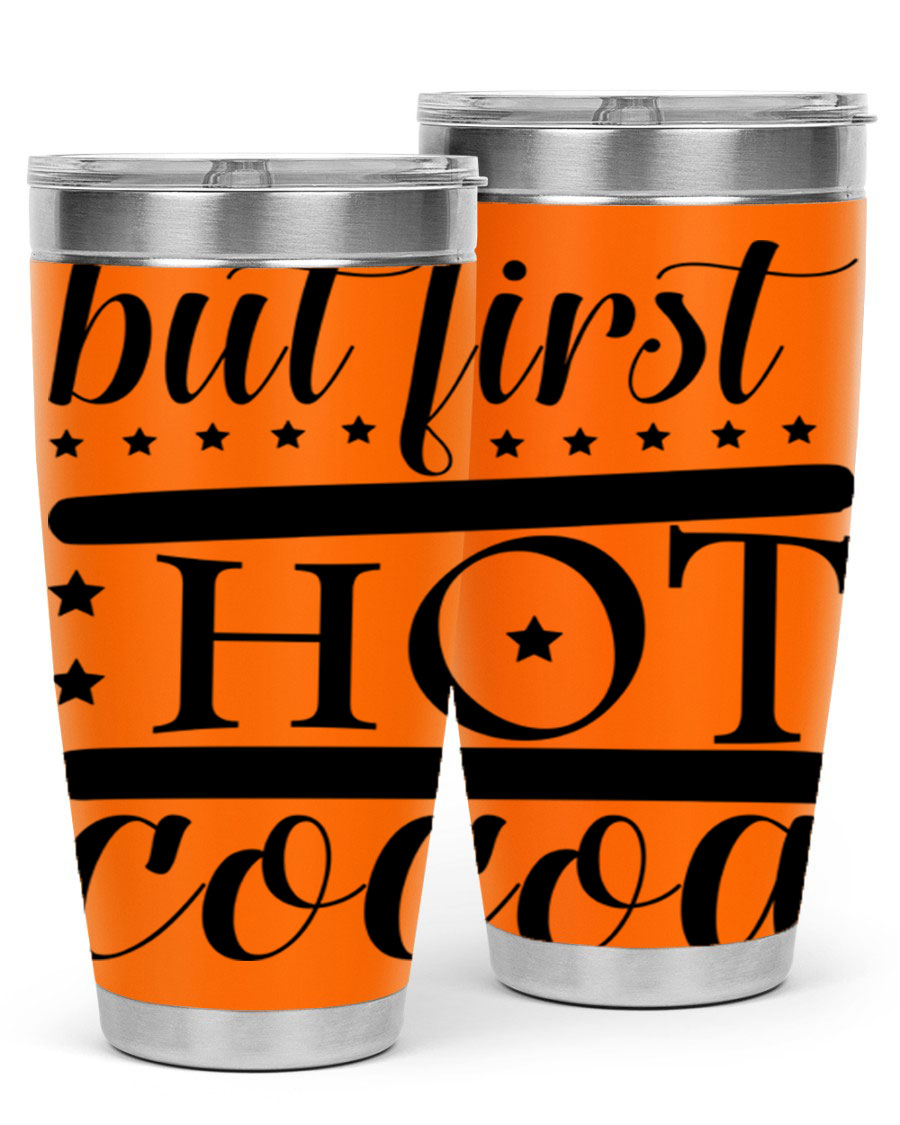 But First Hot Cocoa 35# Tumbler in stainless steel with a stylish design, perfect for hot and cold beverages.