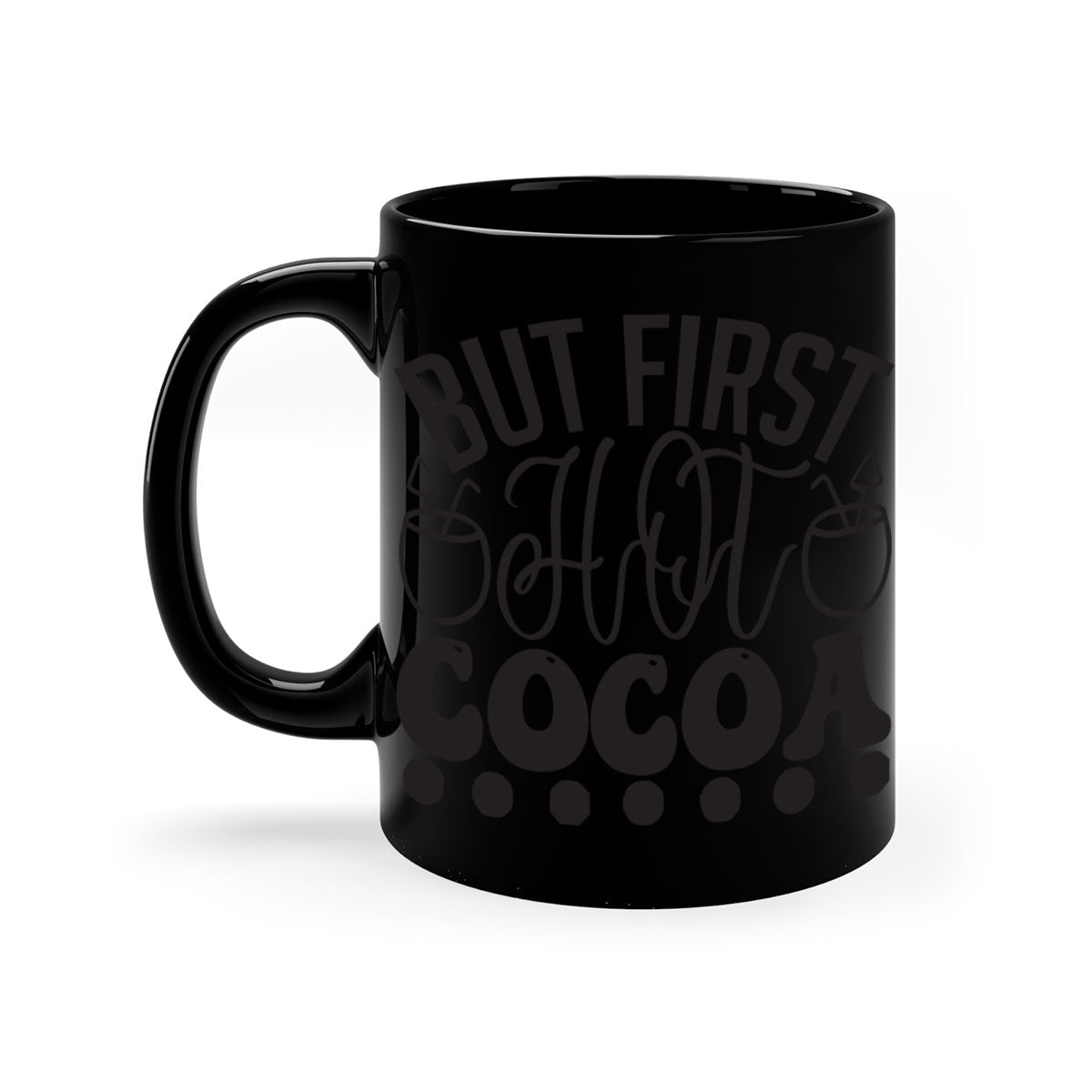 A stylish two-tone But First Hot Cocoa Mug with a colored handle and glossy finish, perfect for winter beverages.