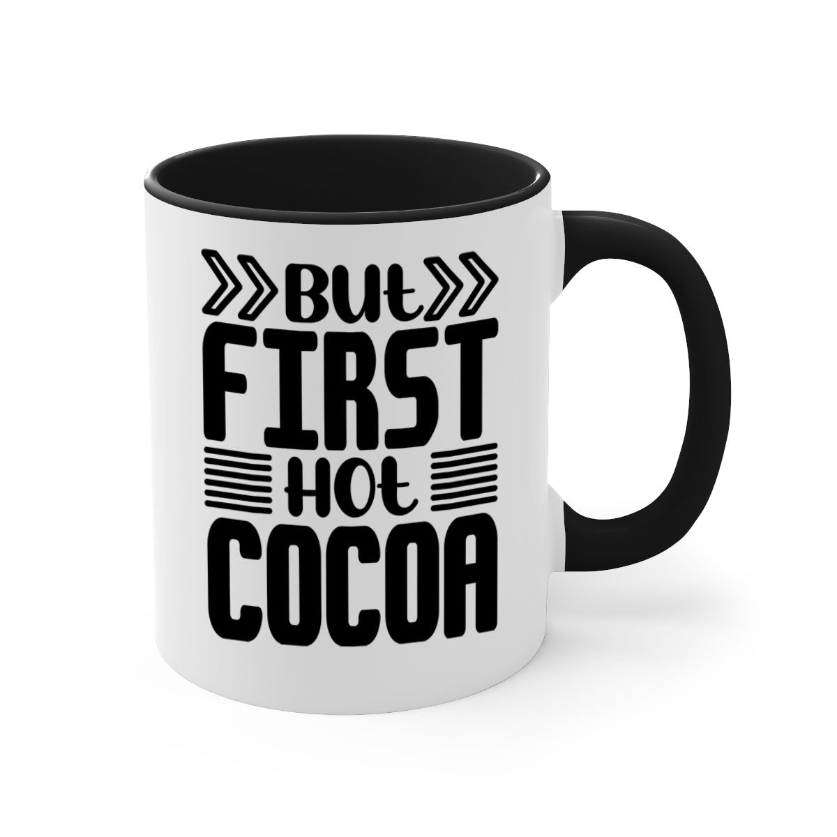 But First Hot Cocoa Mug featuring a two-tone design with a colored handle and glossy finish, available in multiple colors.