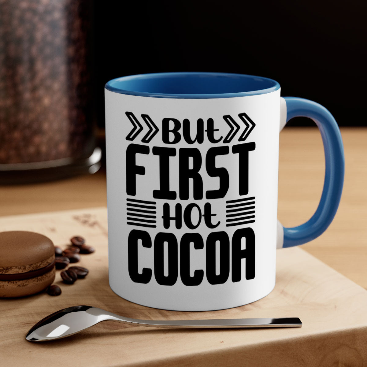 But First Hot Cocoa Mug featuring a two-tone design with a colored handle and glossy finish, available in multiple colors.