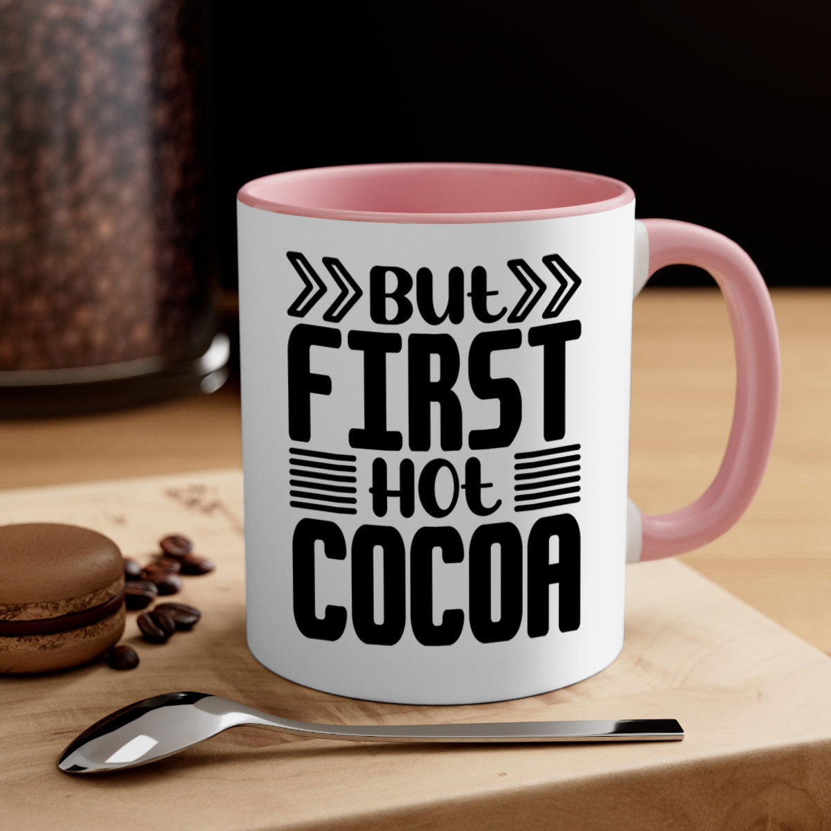 But First Hot Cocoa Mug featuring a two-tone design with a colored handle and glossy finish, available in multiple colors.