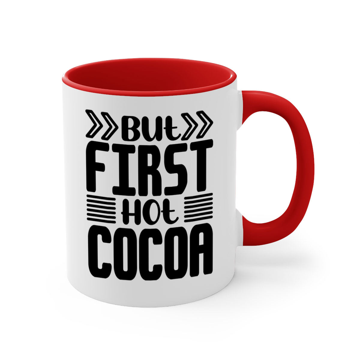 But First Hot Cocoa Mug featuring a two-tone design with a colored handle and glossy finish, available in multiple colors.