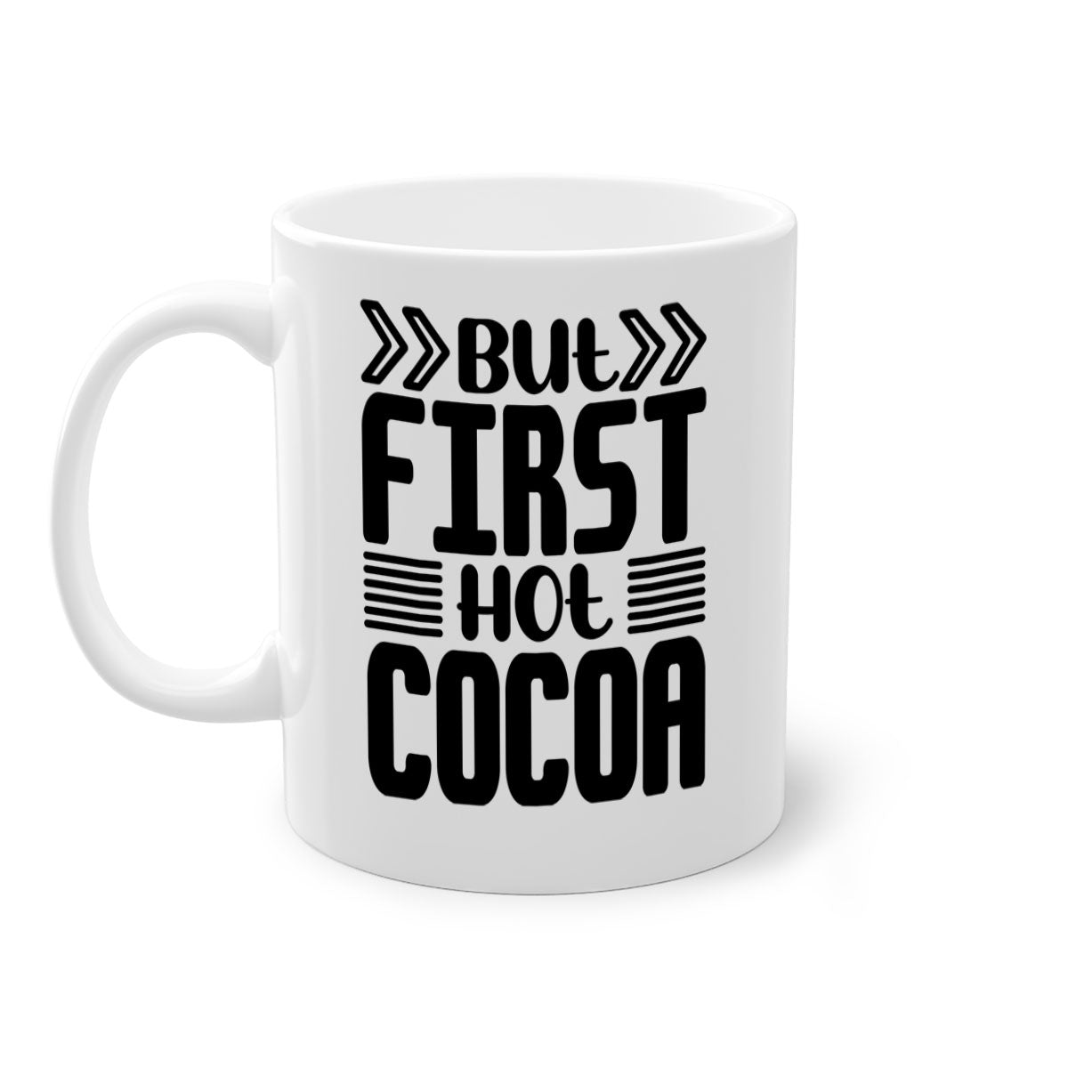 But First Hot Cocoa Mug featuring a two-tone design with a colored handle and glossy finish, available in multiple colors.