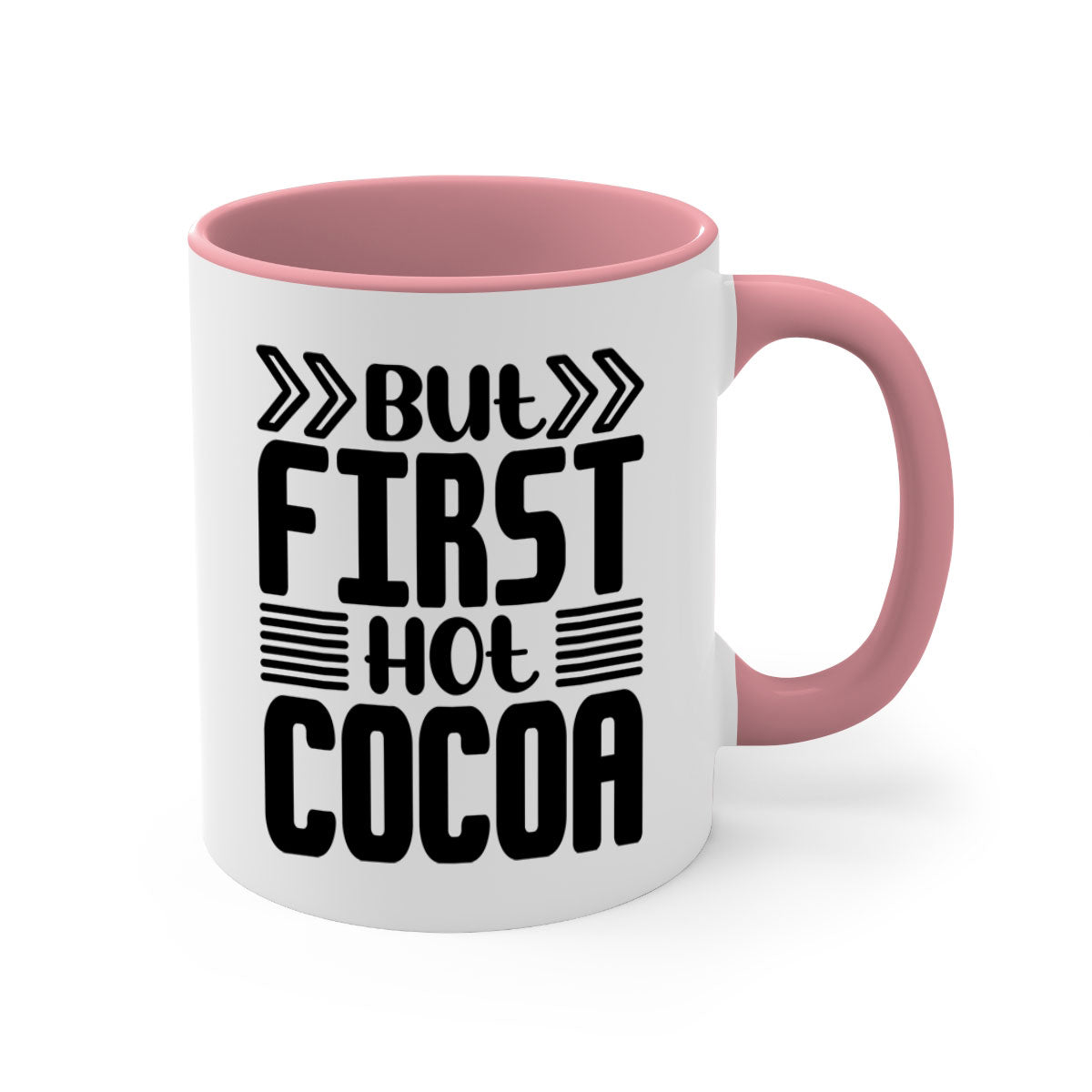 But First Hot Cocoa Mug featuring a two-tone design with a colored handle and glossy finish, available in multiple colors.