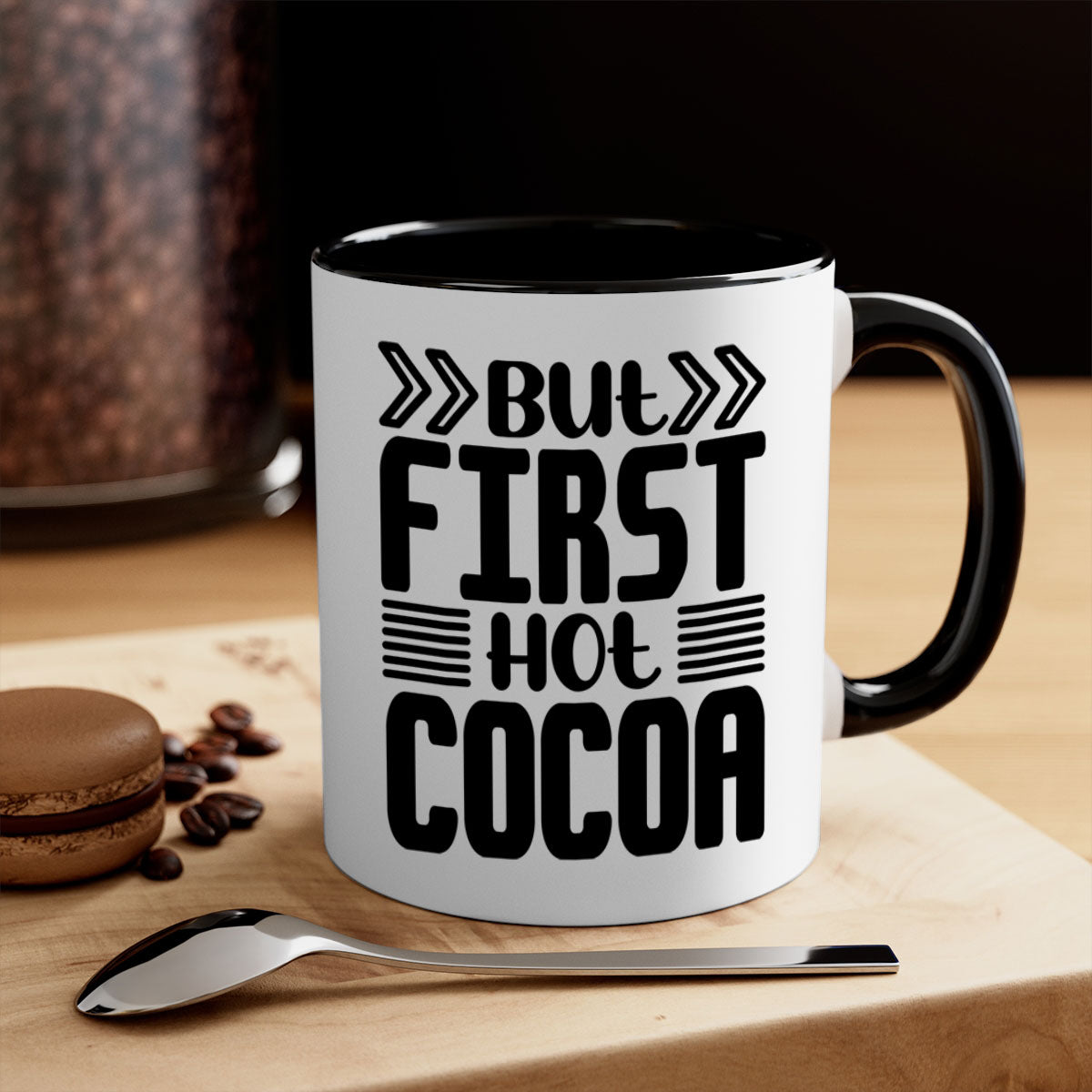 But First Hot Cocoa Mug featuring a two-tone design with a colored handle and glossy finish, available in multiple colors.