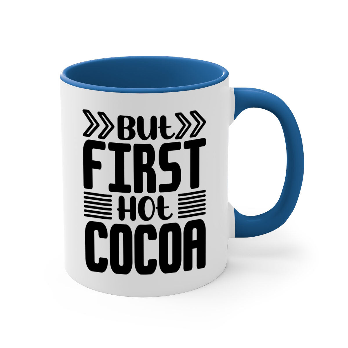 But First Hot Cocoa Mug featuring a two-tone design with a colored handle and glossy finish, available in multiple colors.