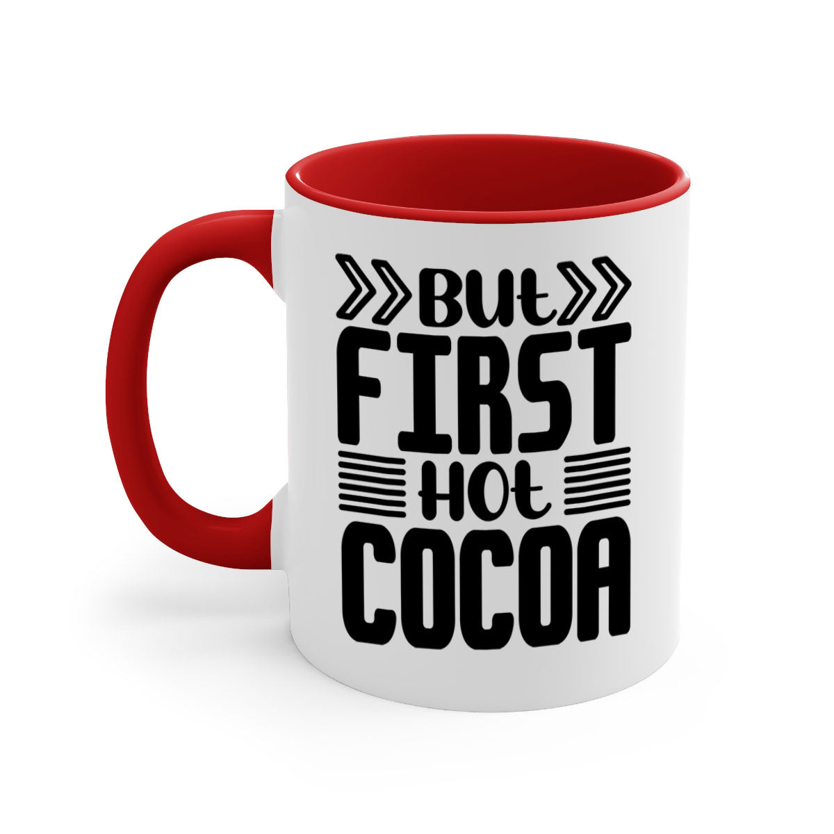 But First Hot Cocoa Mug featuring a two-tone design with a colored handle and glossy finish, available in multiple colors.