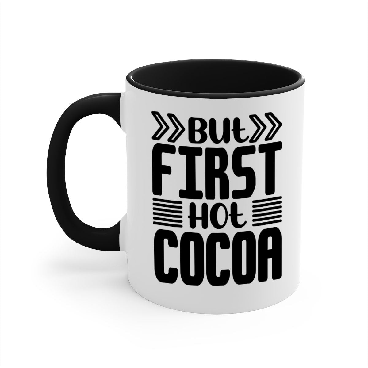 But First Hot Cocoa Mug featuring a two-tone design with a colored handle and glossy finish, available in multiple colors.