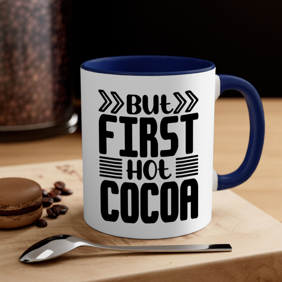 But First Hot Cocoa Mug featuring a two-tone design with a colored handle and glossy finish, available in multiple colors.