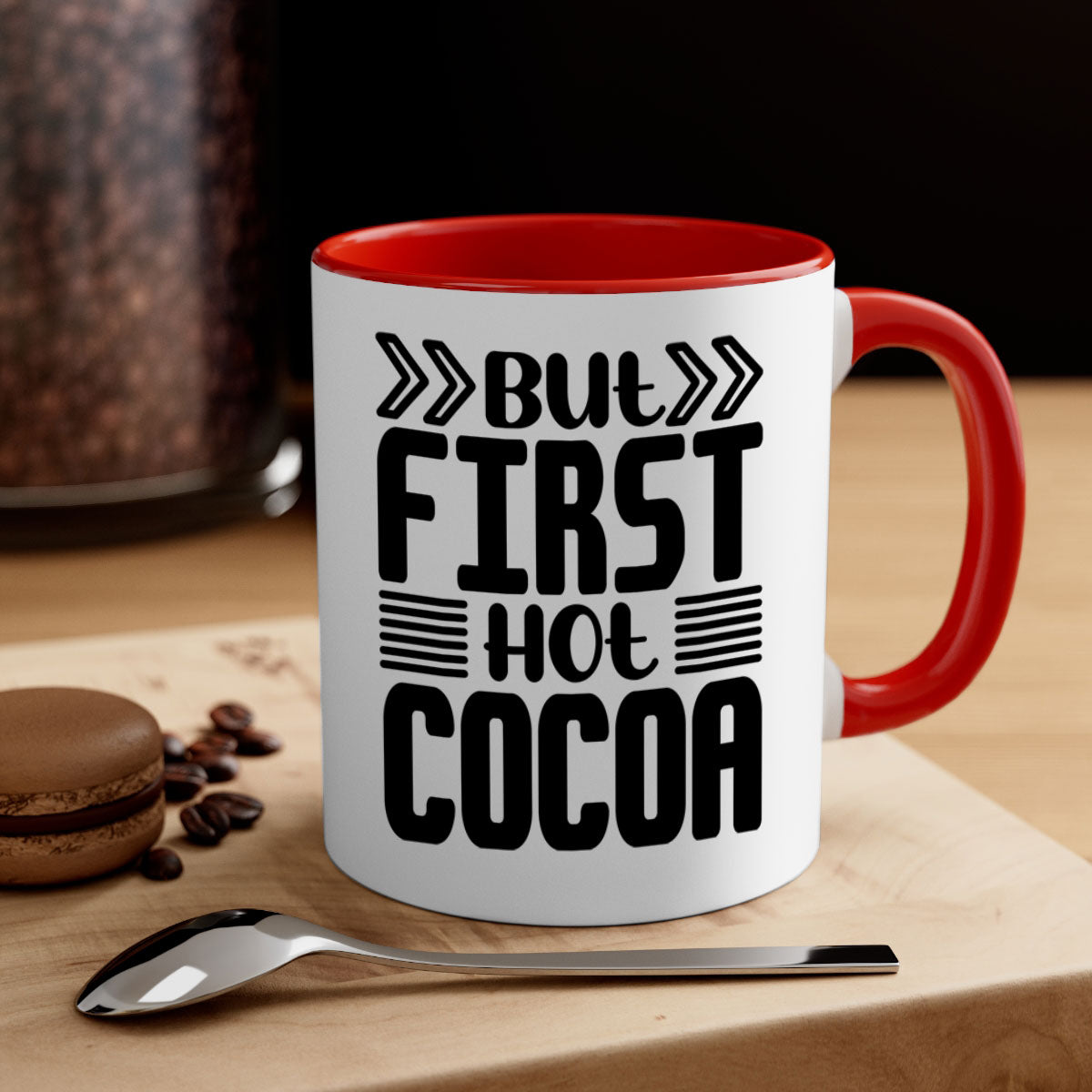 But First Hot Cocoa Mug featuring a two-tone design with a colored handle and glossy finish, available in multiple colors.