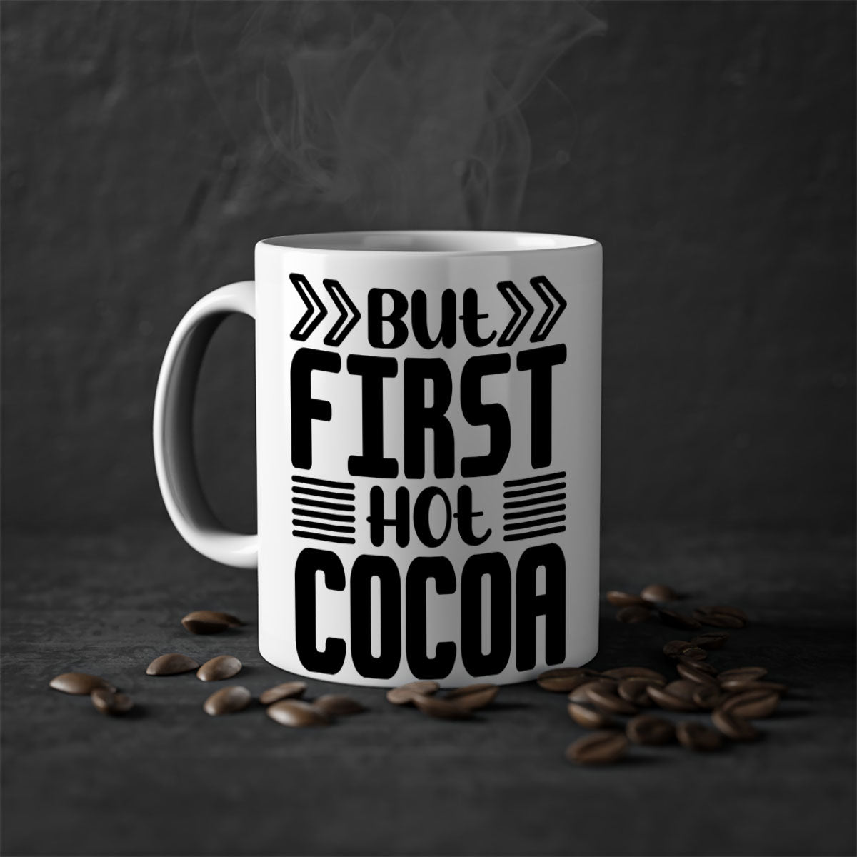 But First Hot Cocoa Mug featuring a two-tone design with a colored handle and glossy finish, available in multiple colors.