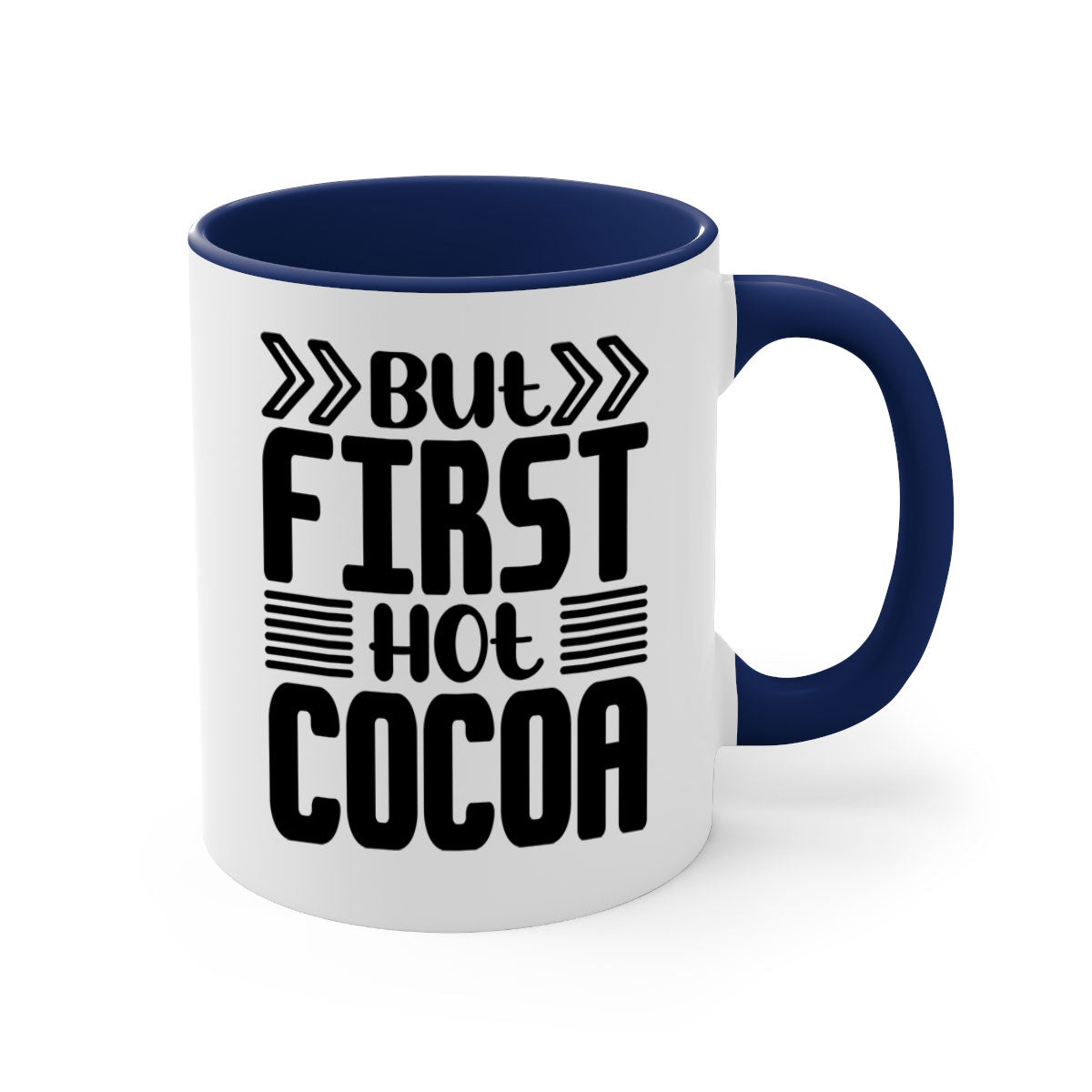 But First Hot Cocoa Mug featuring a two-tone design with a colored handle and glossy finish, available in multiple colors.