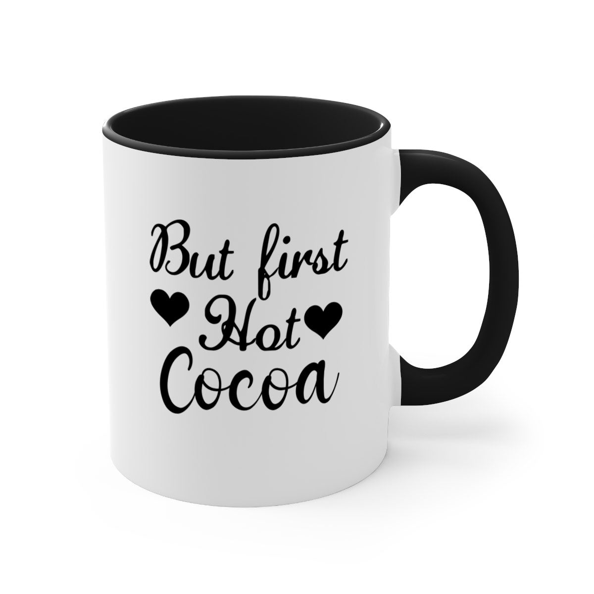 But first Hot Cocoa 38# Mug featuring a two-tone design with a colored handle and glossy finish, available in multiple colors.