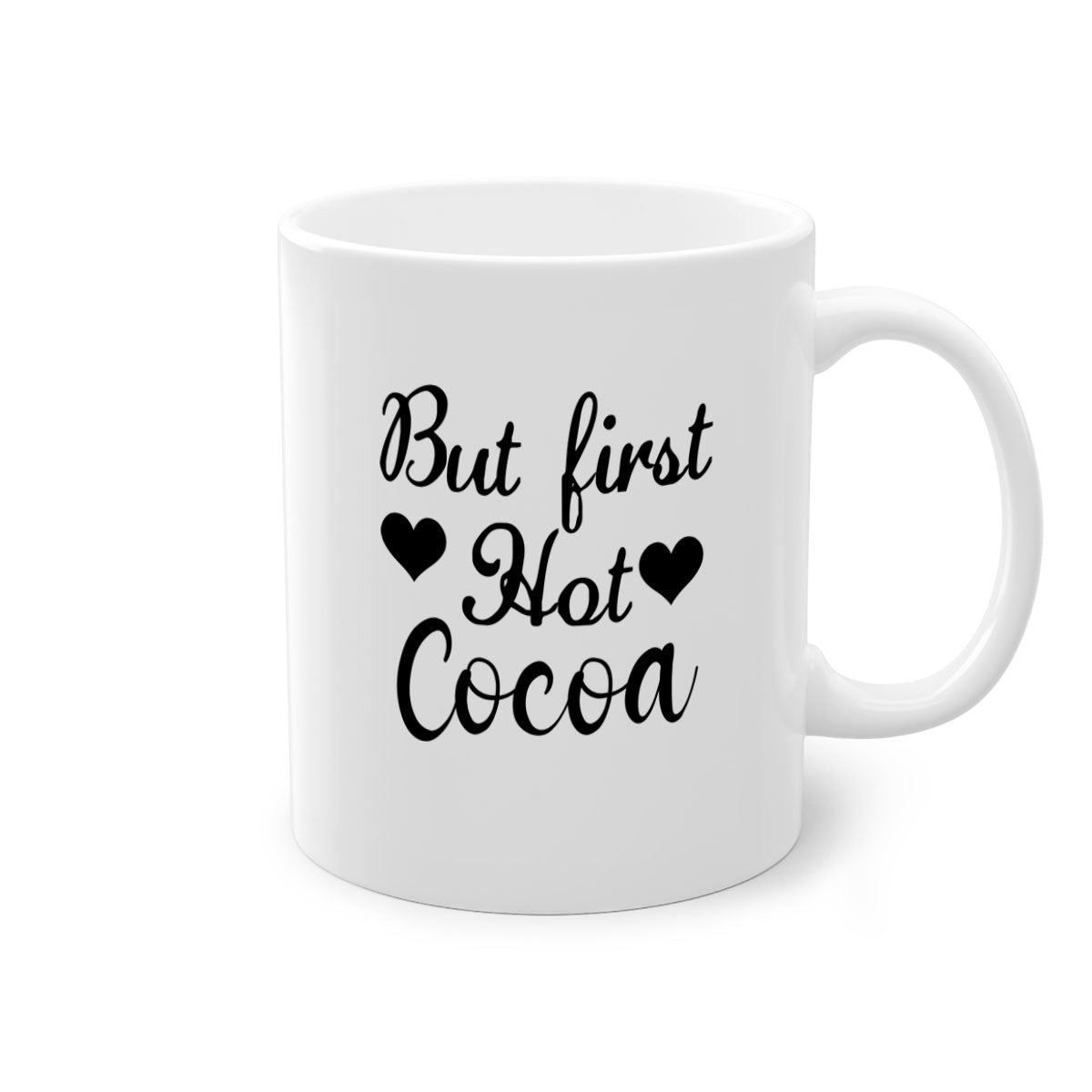 But first Hot Cocoa 38# Mug featuring a two-tone design with a colored handle and glossy finish, available in multiple colors.