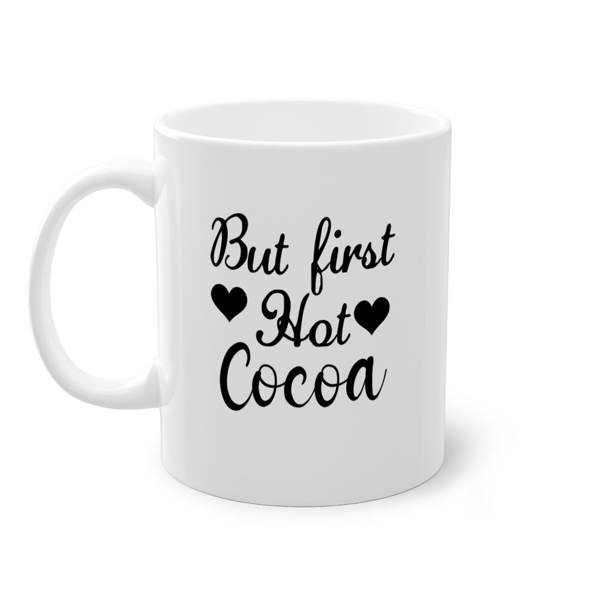 But first Hot Cocoa 38# Mug featuring a two-tone design with a colored handle and glossy finish, available in multiple colors.