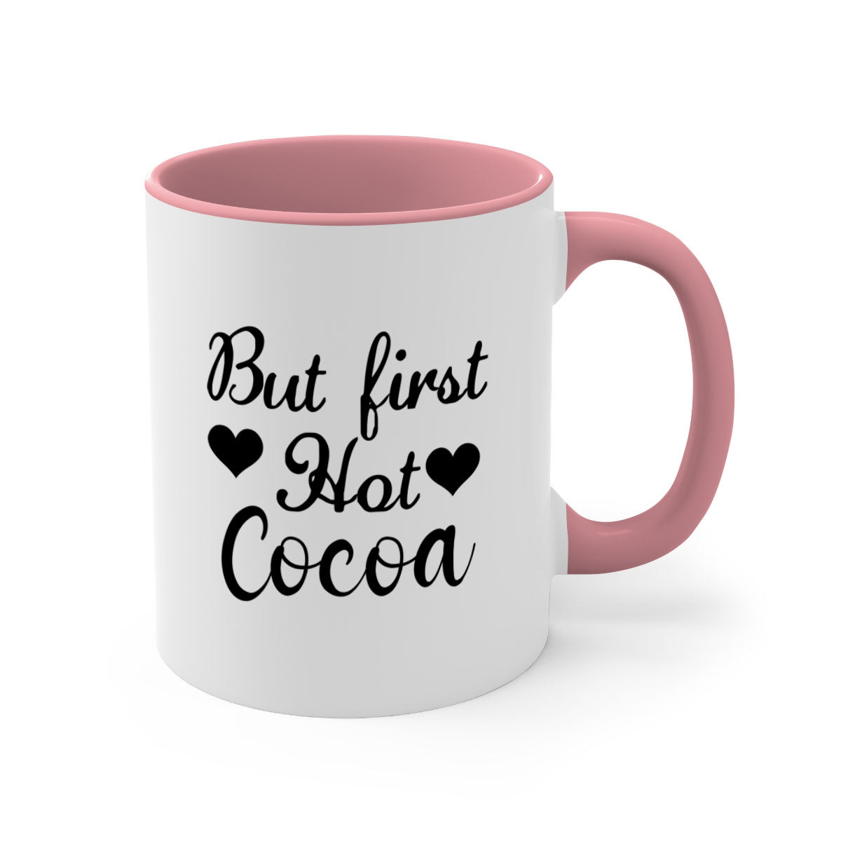 But first Hot Cocoa 38# Mug featuring a two-tone design with a colored handle and glossy finish, available in multiple colors.