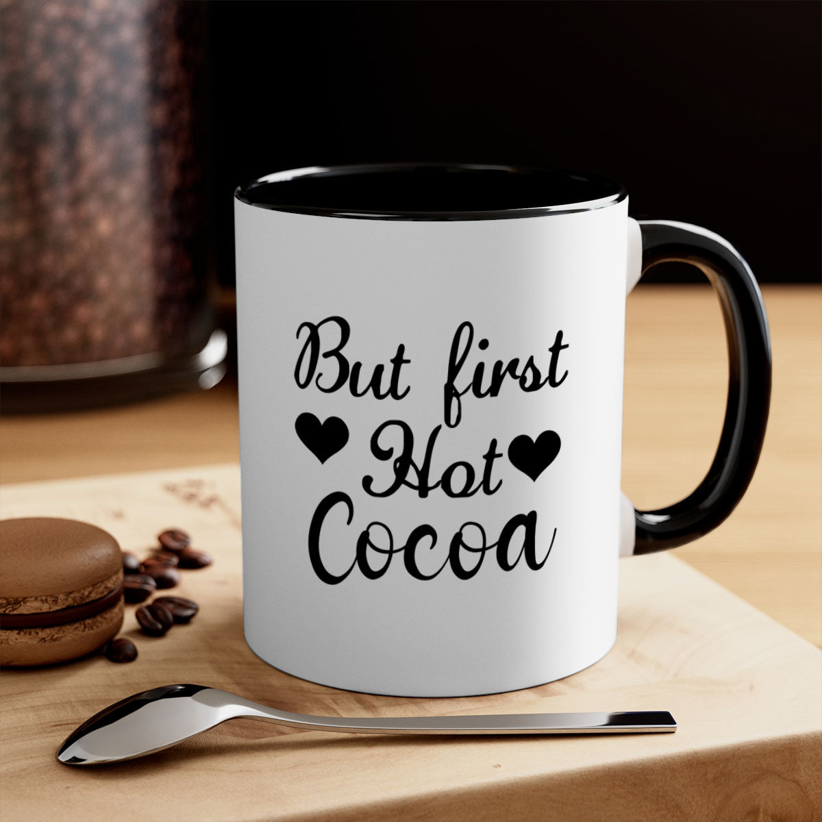 But first Hot Cocoa 38# Mug featuring a two-tone design with a colored handle and glossy finish, available in multiple colors.