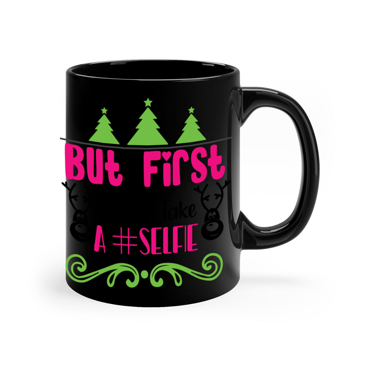 A stylish two-tone ceramic coffee mug with a glossy finish, featuring the phrase 'But First Let Me Take A Selfie' in a fun design.