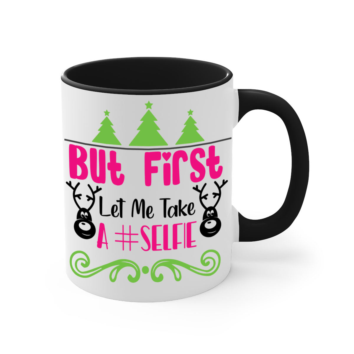 A stylish two-tone ceramic coffee mug with a glossy finish, featuring the phrase 'But First Let Me Take A Selfie' in a fun design.