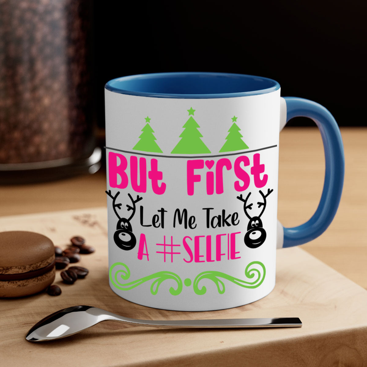 A stylish two-tone ceramic coffee mug with a glossy finish, featuring the phrase 'But First Let Me Take A Selfie' in a fun design.