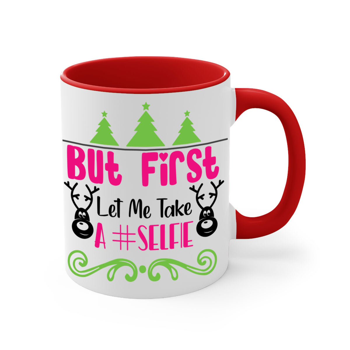 A stylish two-tone ceramic coffee mug with a glossy finish, featuring the phrase 'But First Let Me Take A Selfie' in a fun design.