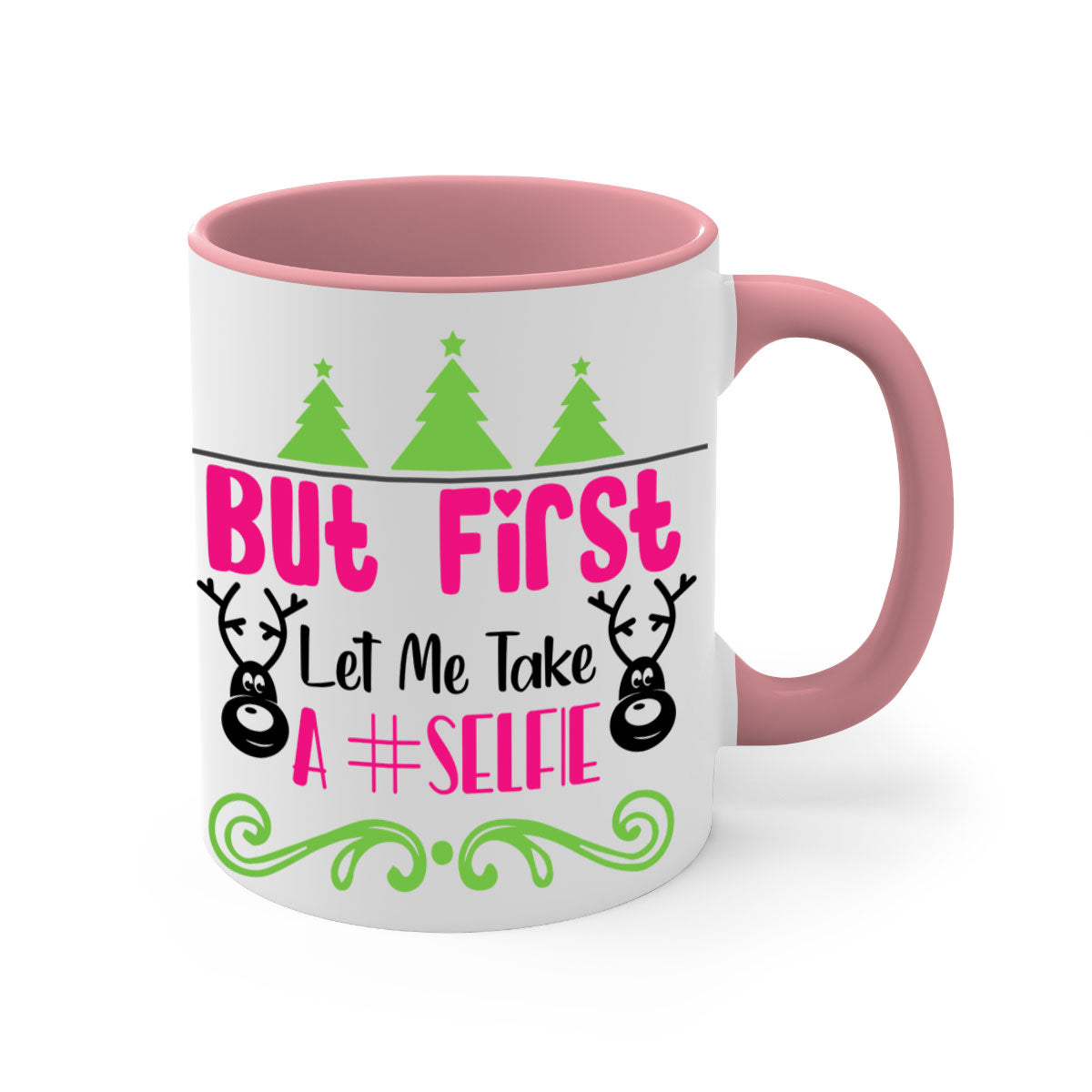 A stylish two-tone ceramic coffee mug with a glossy finish, featuring the phrase 'But First Let Me Take A Selfie' in a fun design.