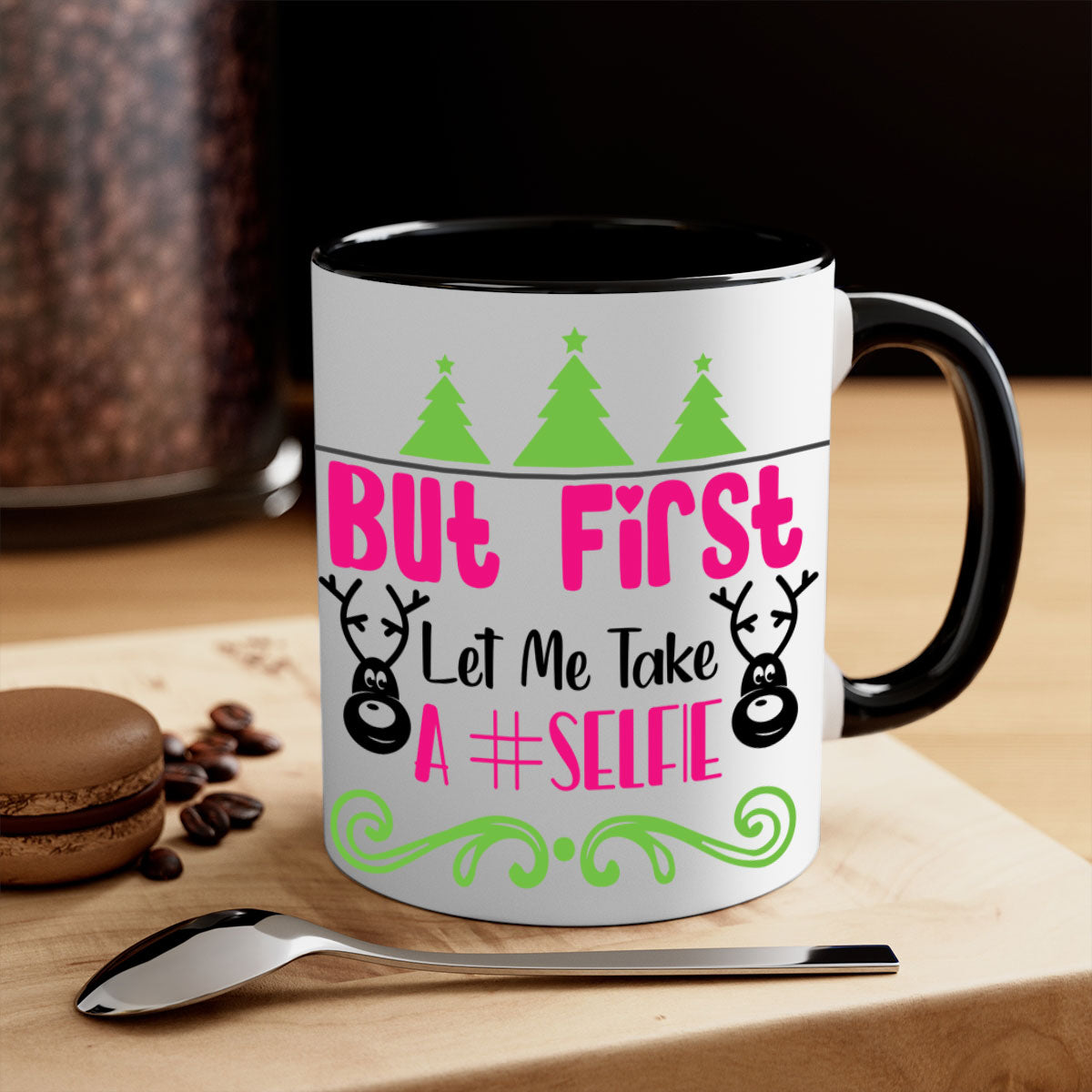 A stylish two-tone ceramic coffee mug with a glossy finish, featuring the phrase 'But First Let Me Take A Selfie' in a fun design.