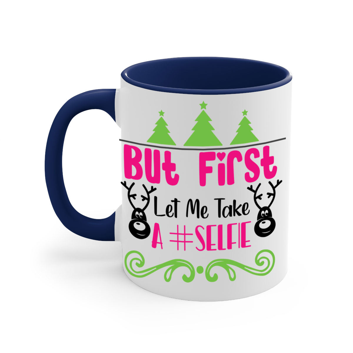 A stylish two-tone ceramic coffee mug with a glossy finish, featuring the phrase 'But First Let Me Take A Selfie' in a fun design.