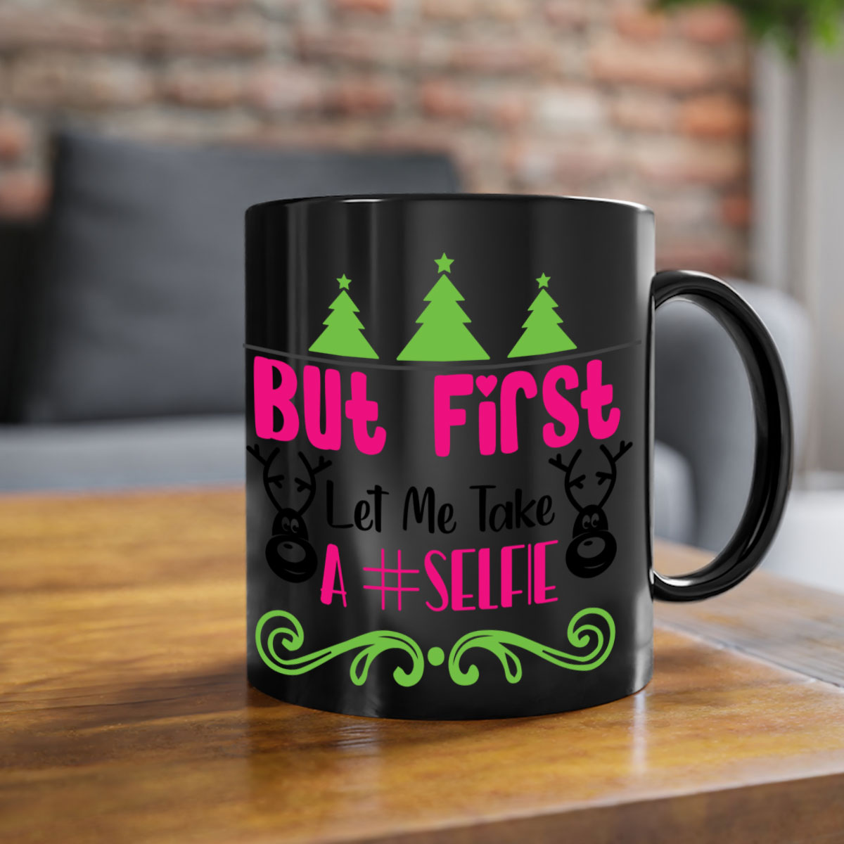 A stylish two-tone ceramic coffee mug with a glossy finish, featuring the phrase 'But First Let Me Take A Selfie' in a fun design.