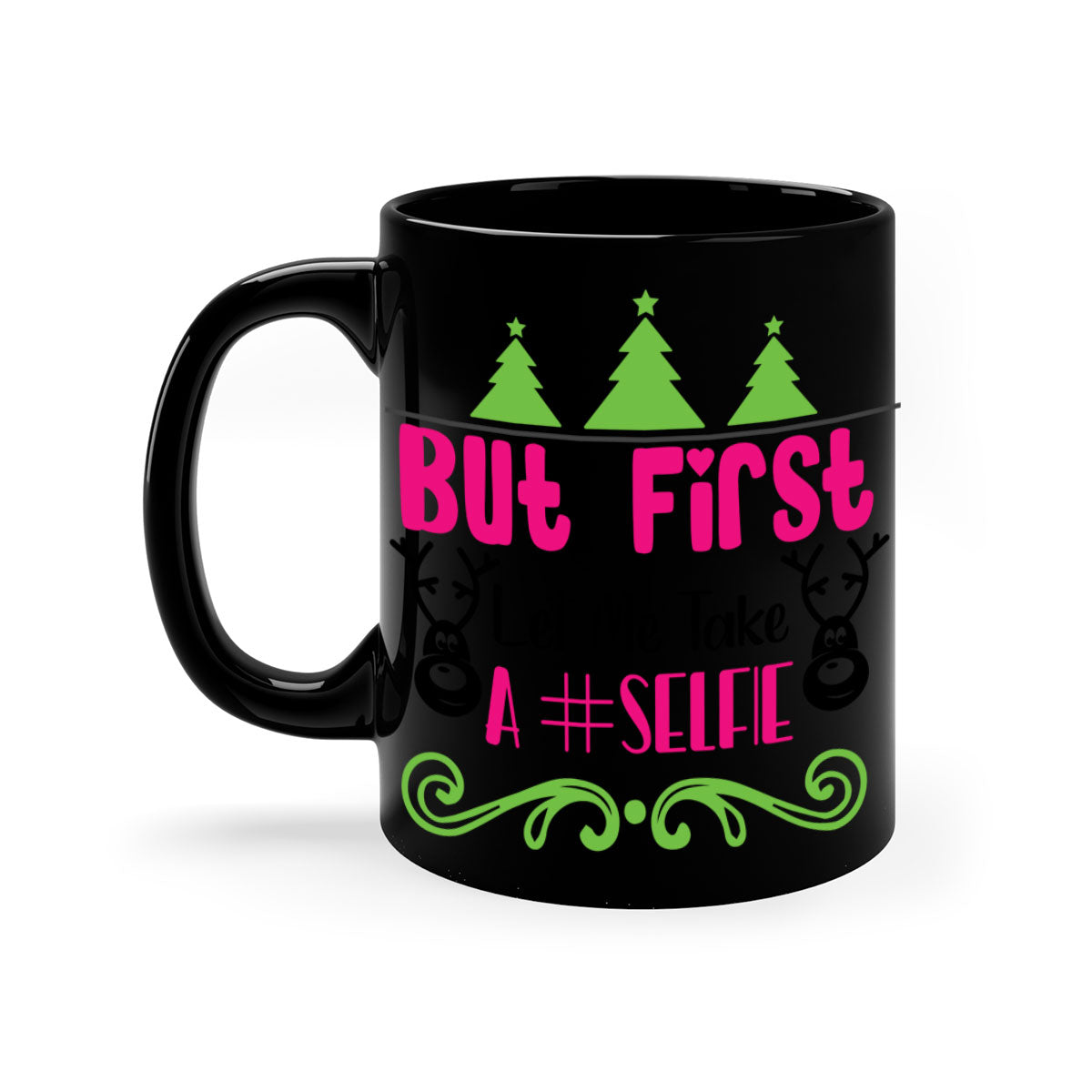 A stylish two-tone ceramic coffee mug with a glossy finish, featuring the phrase 'But First Let Me Take A Selfie' in a fun design.