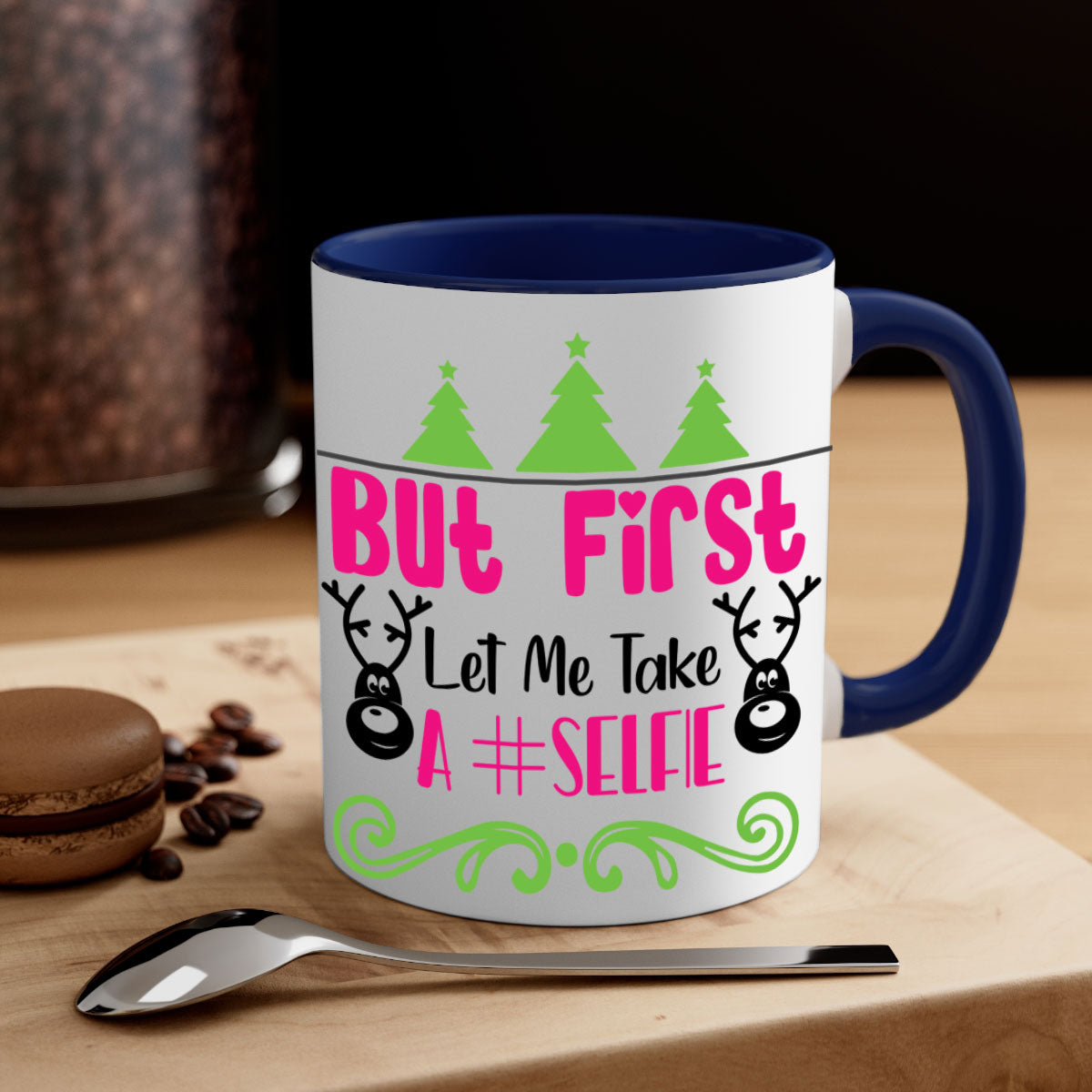 A stylish two-tone ceramic coffee mug with a glossy finish, featuring the phrase 'But First Let Me Take A Selfie' in a fun design.