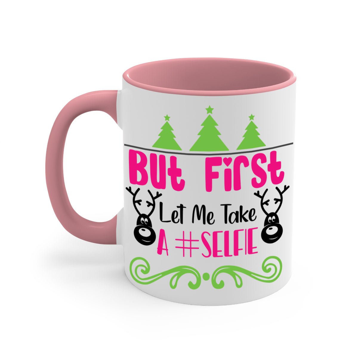 A stylish two-tone ceramic coffee mug with a glossy finish, featuring the phrase 'But First Let Me Take A Selfie' in a fun design.