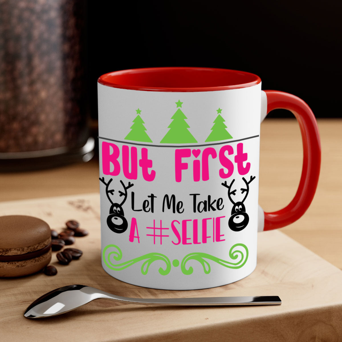 A stylish two-tone ceramic coffee mug with a glossy finish, featuring the phrase 'But First Let Me Take A Selfie' in a fun design.