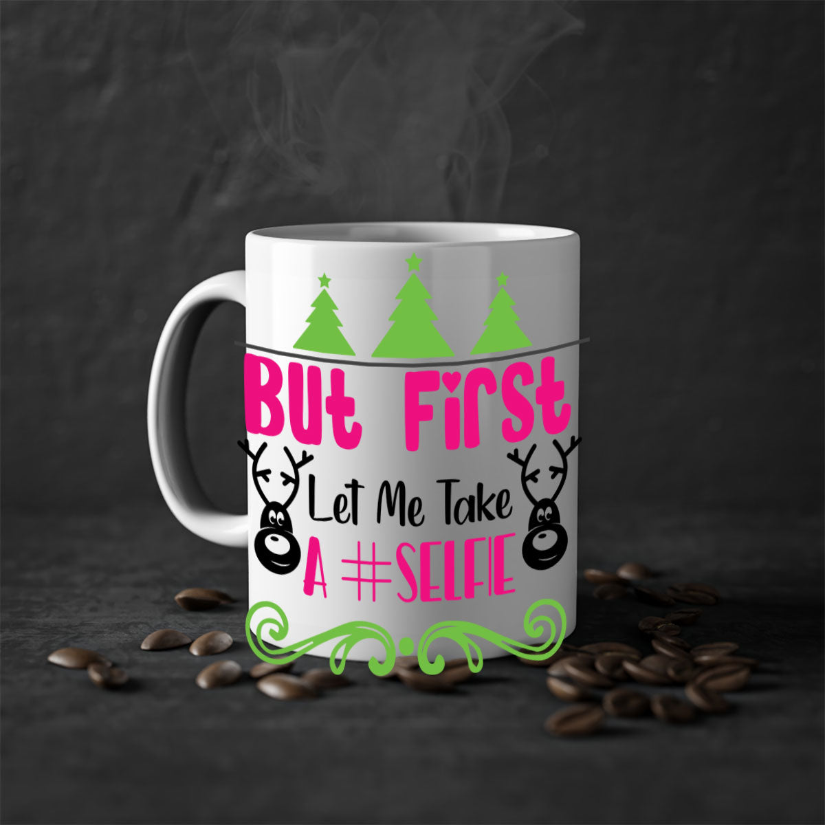 A stylish two-tone ceramic coffee mug with a glossy finish, featuring the phrase 'But First Let Me Take A Selfie' in a fun design.