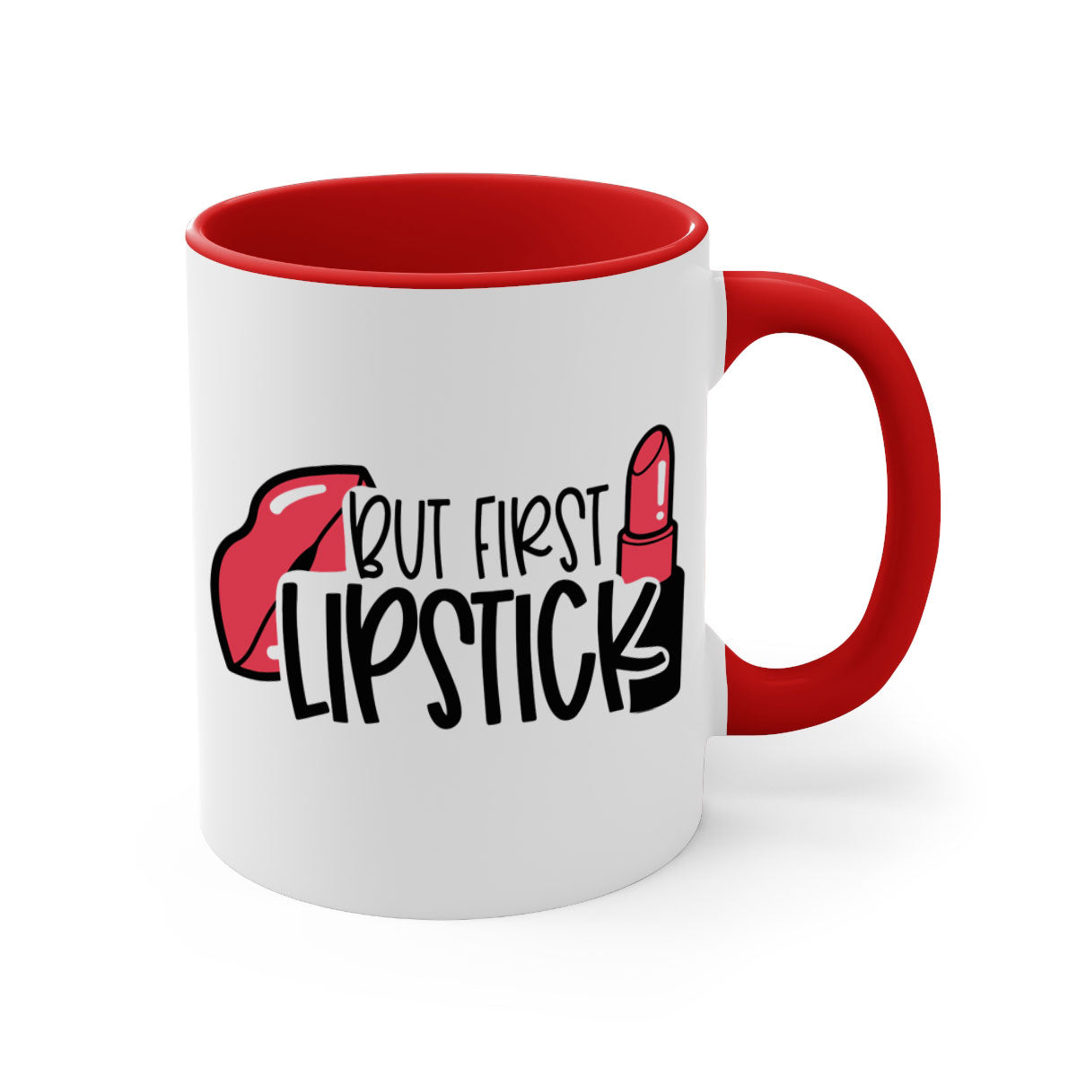 But First Lipstick Style 119# Mug with a glossy finish, featuring a colored handle and interior, available in multiple colors.