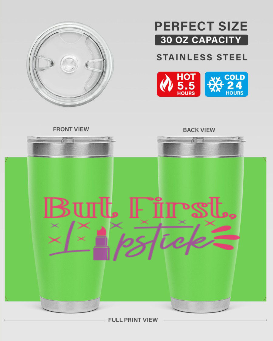 But First Lipstick Style 244# tumbler in stainless steel with a stylish design, perfect for hot and cold beverages.