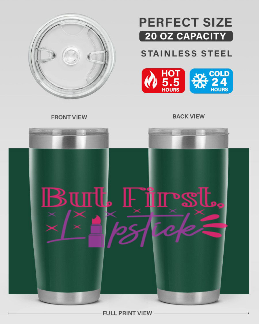 But First Lipstick Style 244# tumbler in stainless steel with a stylish design, perfect for hot and cold beverages.